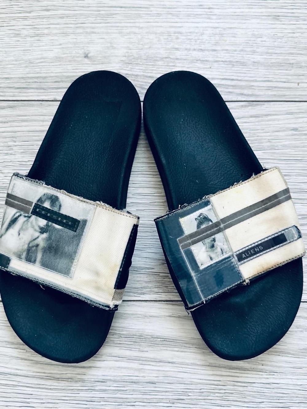 Black Slide Sandals with Printed Cream Straps 387.5